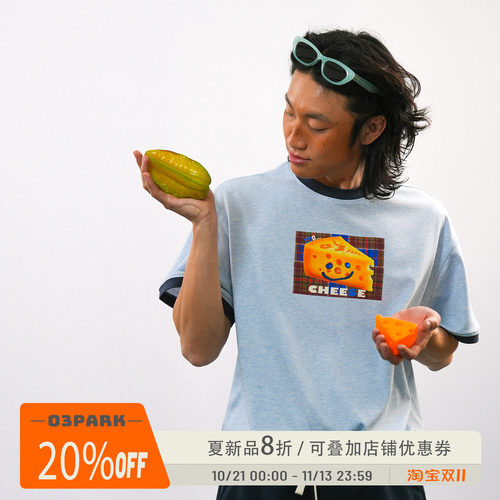 O3PARK莫代尔速干格纹印花T恤