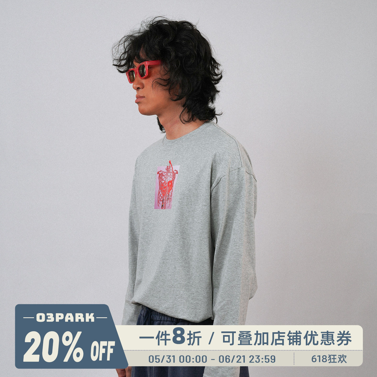 O3PARK 樱桃骷髅印花长袖T恤男25秋季新款宽松套头打底衫圆领上衣