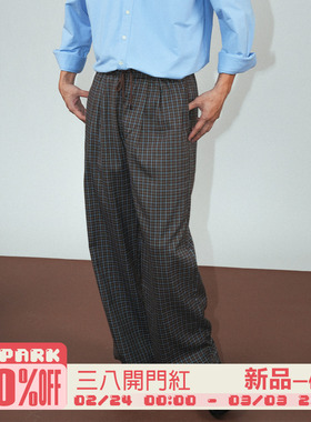 O3PARK秋季新款复古学院风格纹长裤宽松百搭咖啡色老钱风格子西裤