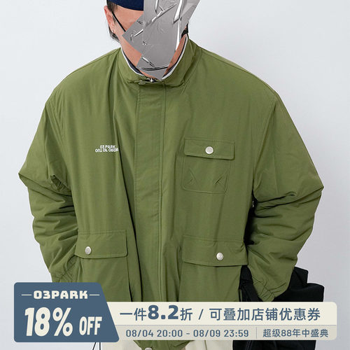 O3PARK户外山系多口袋宽松棉衣防泼溅侧开拉链加厚加棉风衣外套
