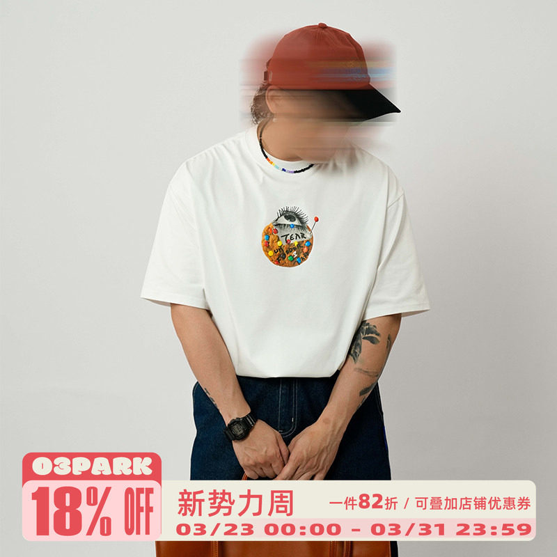 O3PARK夏季新款索洛纳速干凉感短袖宽松百搭彩虹眼泪饼干印花T恤