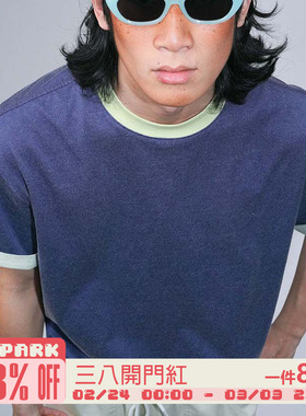 O3PARK夏季新款复古运动风双色圆领短袖宽松百搭撞色领卷袖T恤