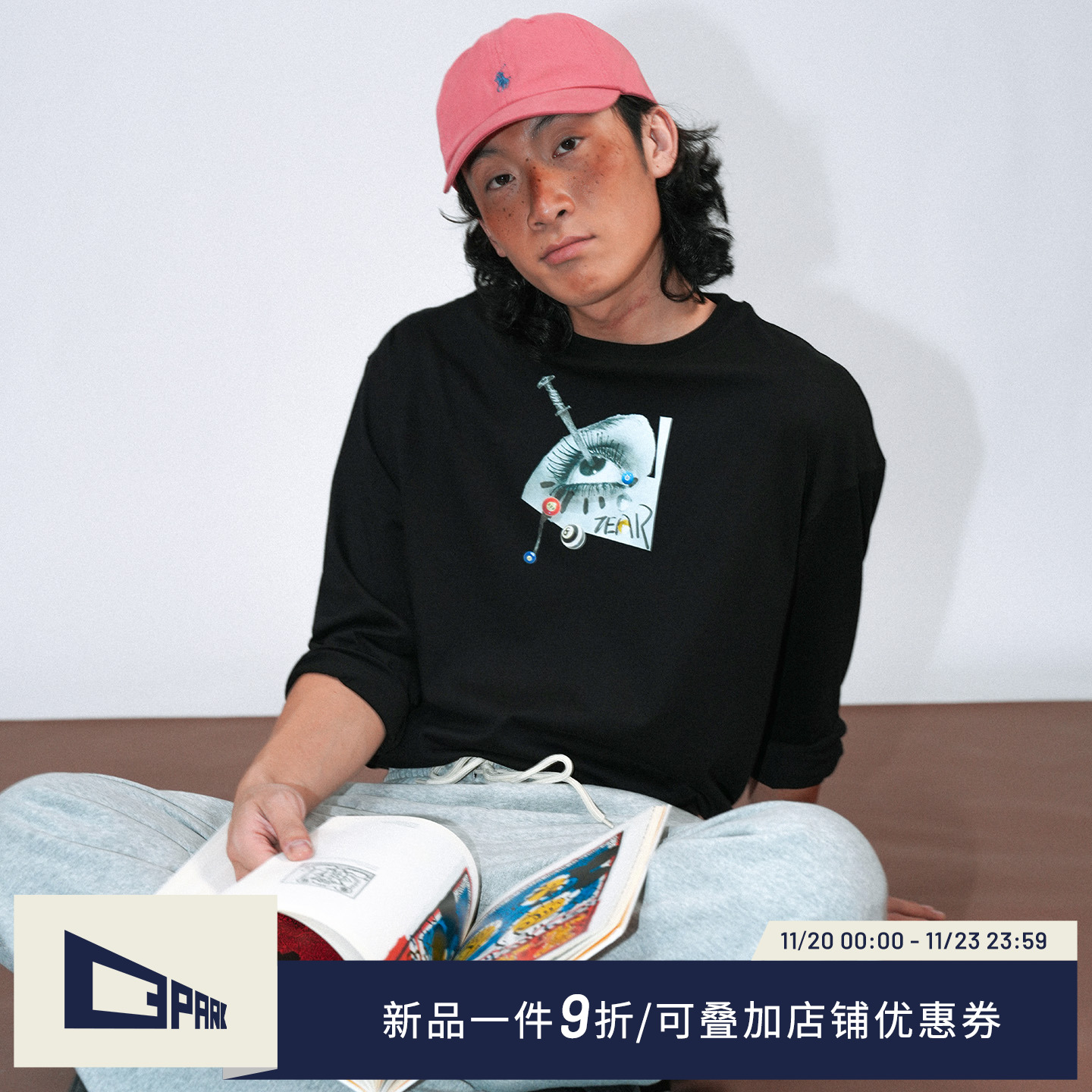 O3PARK印花纯棉圆领长袖T恤