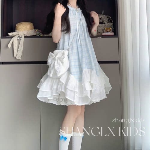 女童夏季无袖格子拼接连衣裙