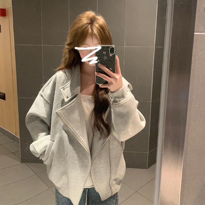韩系设计感连帽外套美式冷淡系女款2025早秋灰色卫衣慵懒风减龄拉