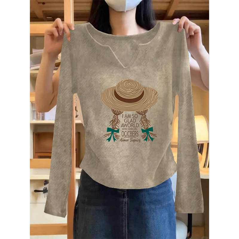 正肩纯棉V领长袖t恤女装2