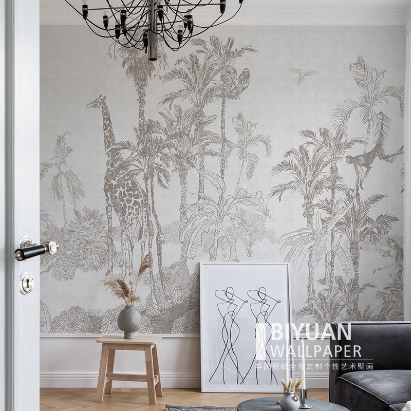 法式热带丛林电视背景墙定制壁画墙纸长颈鹿卧室客厅无缝墙布壁纸