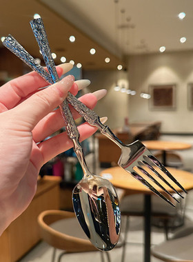 高颜值锤纹！304不锈钢勺子叉子餐具家用长柄吃饭勺西餐主餐匙叉