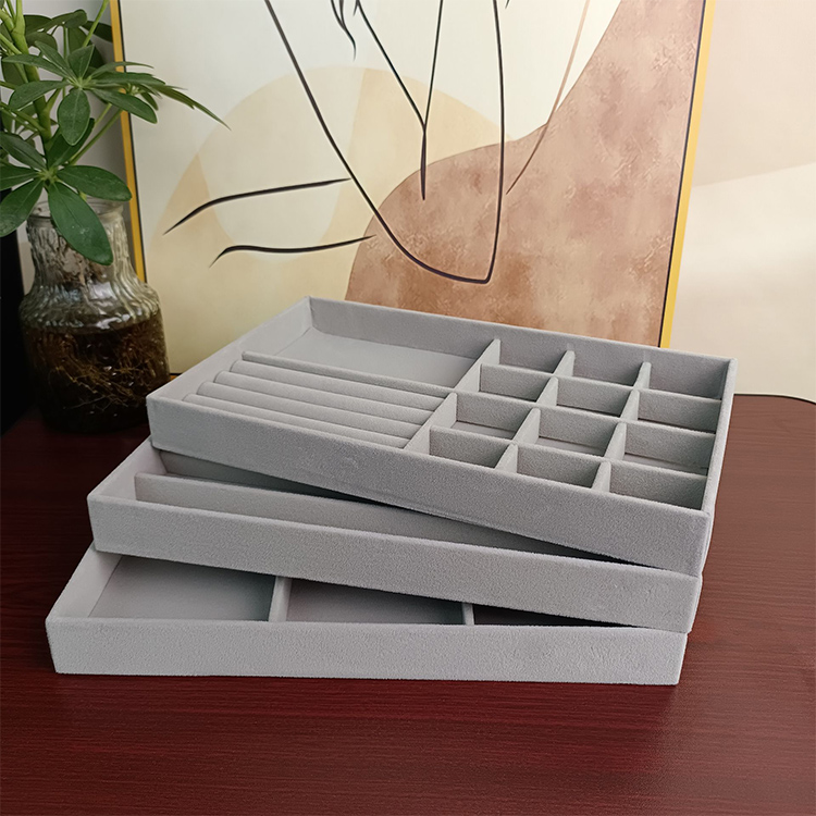 灰色大号绒布抽屉首饰托盘珠宝戒指耳钉环项链收纳整理盒加高手镯