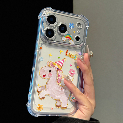 油画小飞马适用苹果17/16promax透明手机壳iPhone16pro新年新款15plus可爱卡通14/13pro全包防摔12男女11软套