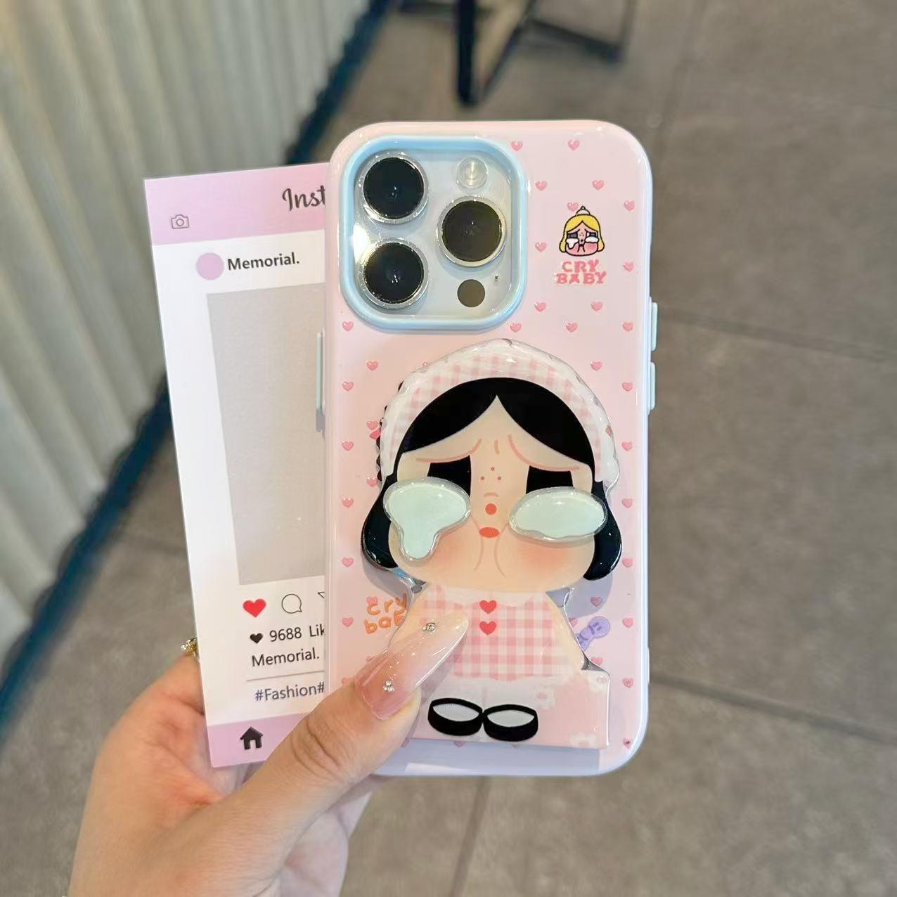 ins哭娃镜子支架适用苹果17promax手机壳16/15马卡龙果冻壳iPhone14小众创意13Pro简约个性17Promax卡通新款