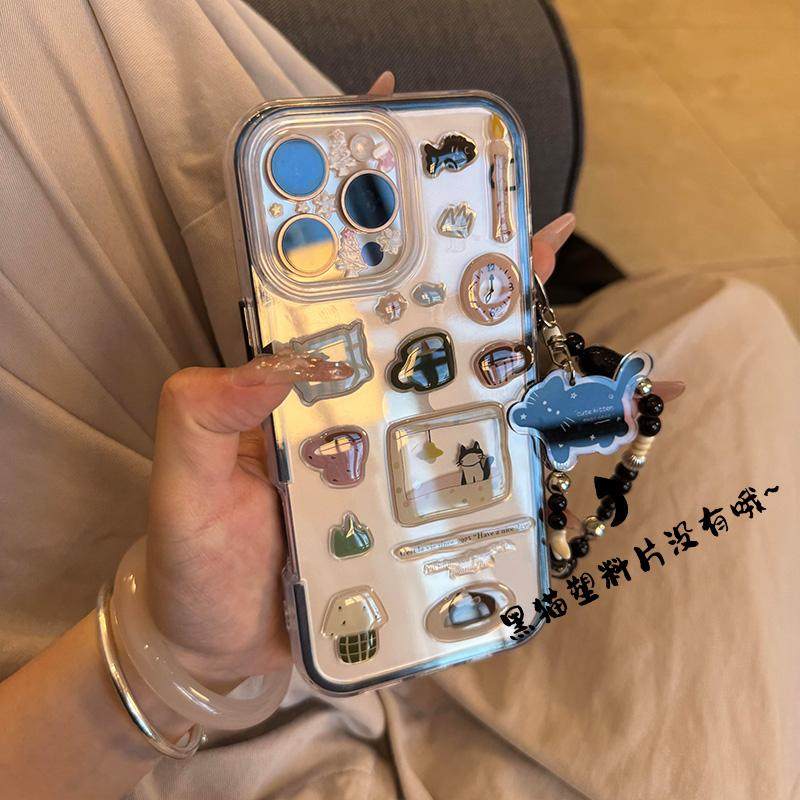 电视小猫贴纸黑猫咪珠子挂绳适用苹果16promax炫彩二合一手机壳iPhone16/15/14pro全包16pro防摔14/13/12/11