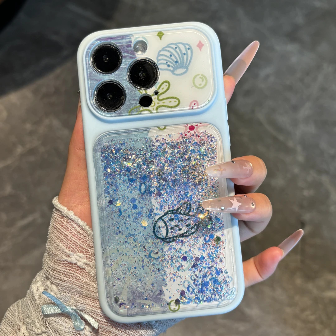 彩绘海洋闪粉流沙手机壳适用苹果17/16promax新款iPhone15/14/13pro全包透明vivo华为P90小米17oppo小众男女