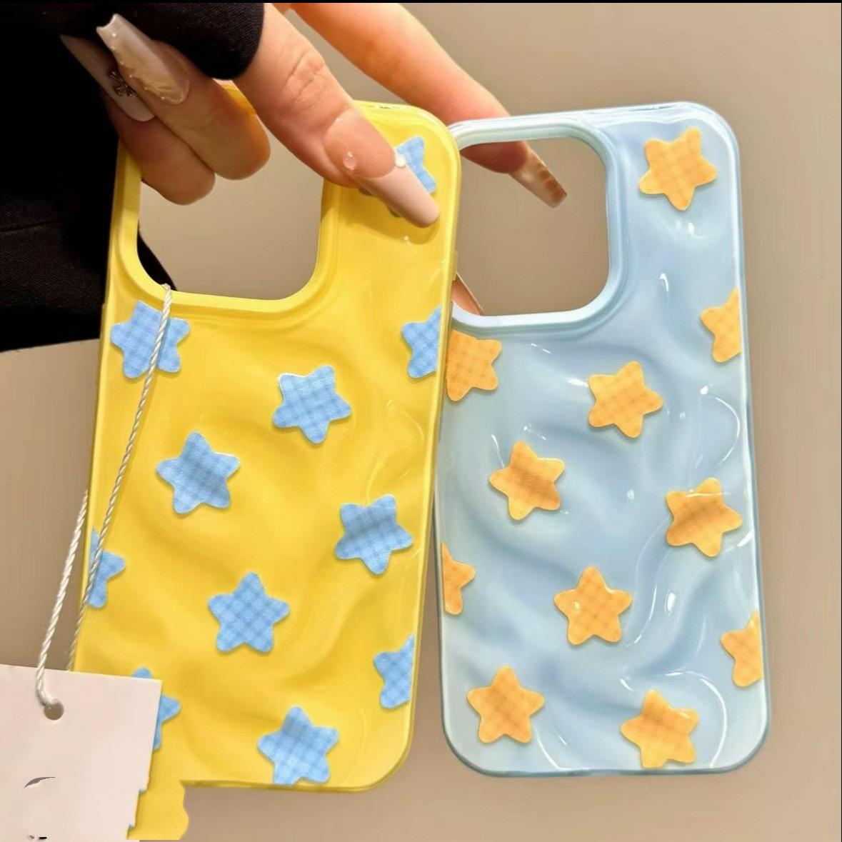 蓝黄格子星星适用苹果17promax陨石纹手机壳iPhone16/15/14pro全包防摔16plus小众创意15/14/13/12肤感软套11