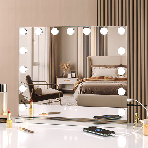 网红带灯梳妆镜台式桌面LED灯泡方形化妆镜家用宿舍美妆补光镜子