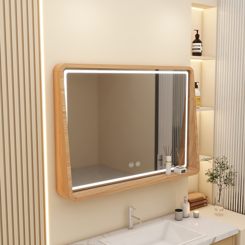 原木浴室镜卫生间挂墙式洗手间智能镜子壁挂式智能木质边框LED灯