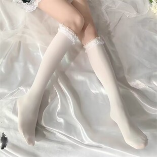可爱洛丽塔天鹅绒白丝蕾丝花边小腿袜jk漫展COS显瘦女生中筒袜女
