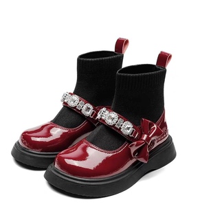 女童小皮鞋2024春季新款短靴儿童袜鞋加绒马丁靴女孩红色公主袜靴