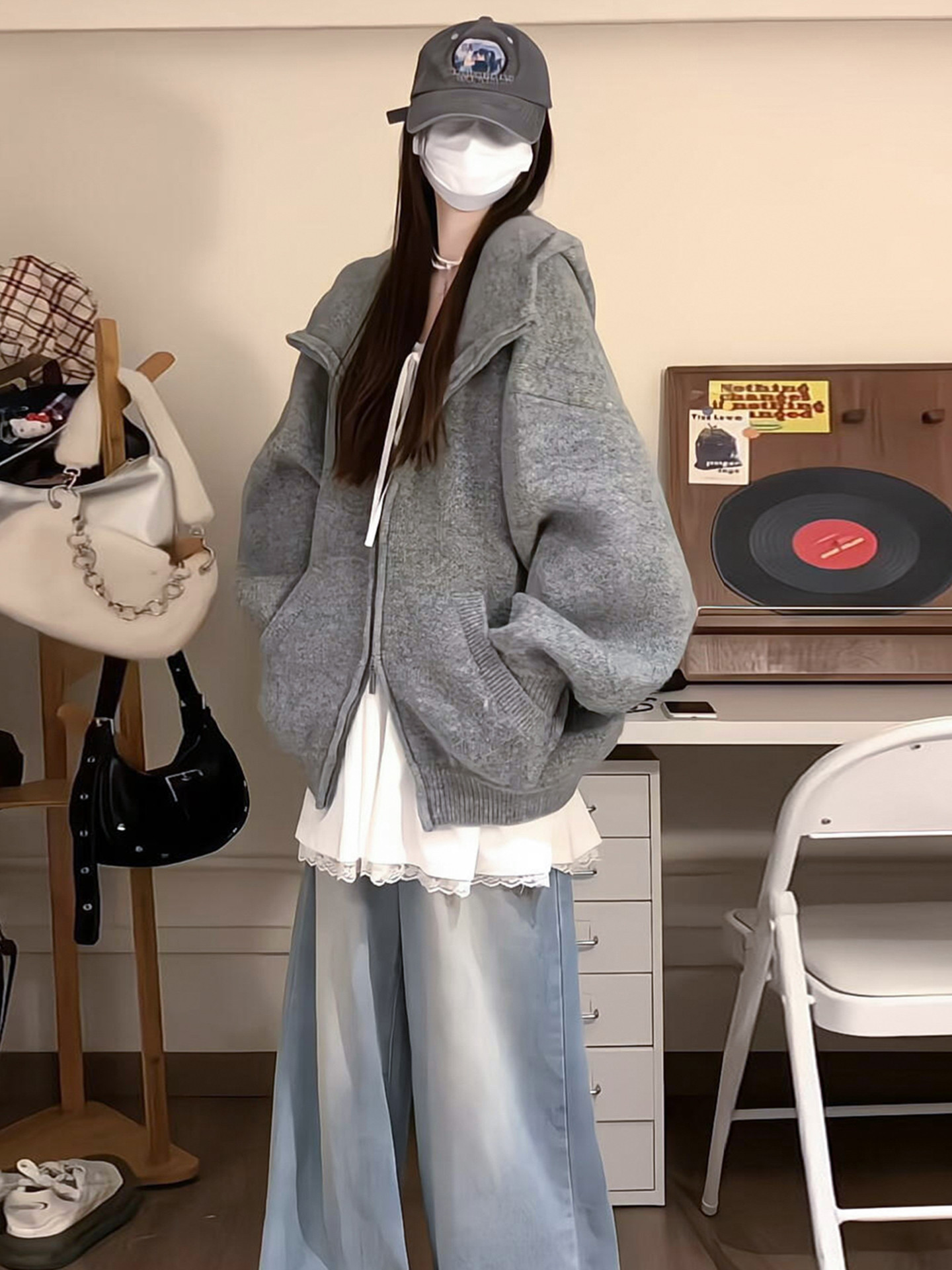 高级感韩系慵懒风灰色拉炼连帽针织毛衣女秋冬季2025新款加厚外套