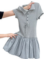 2026 new style grey polo collar short-sleeved dress for children, summer petite waisted flower bud skirt, polka dot short skirt thumbnail 6