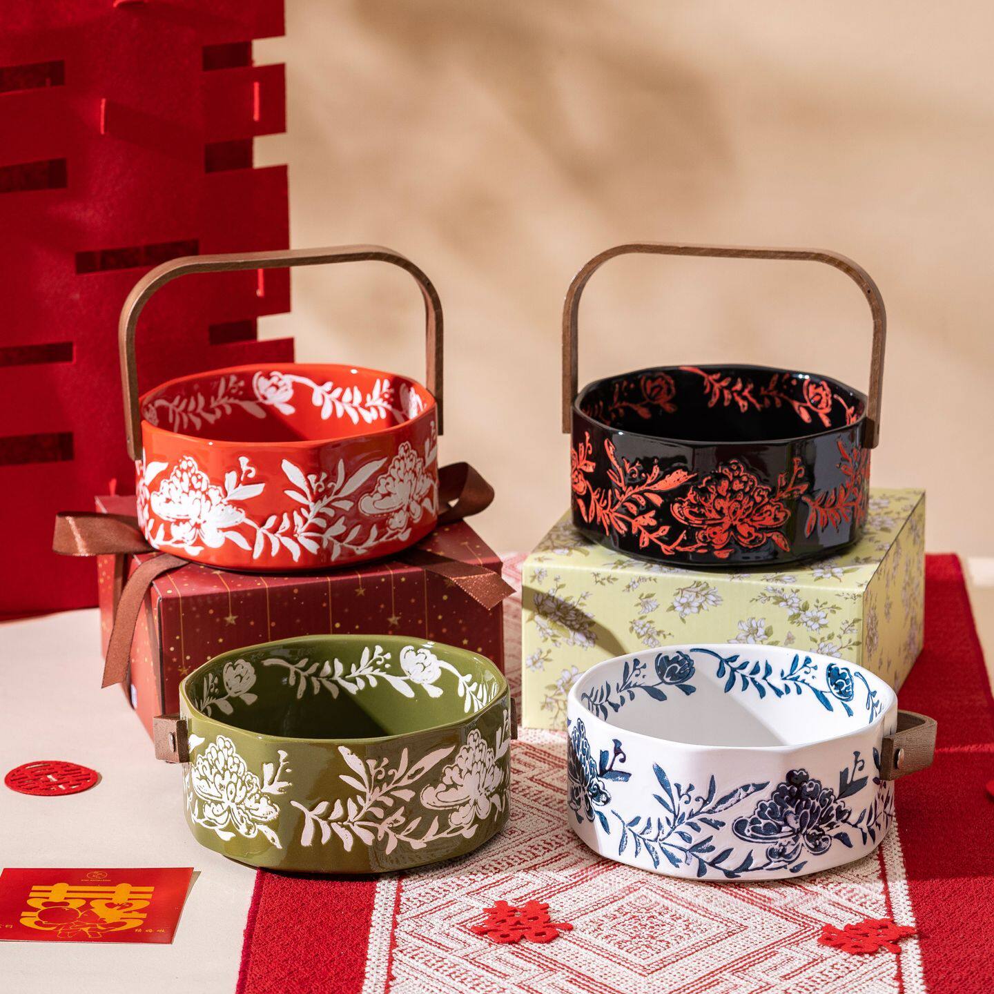 幸福铃兰手提水果篮陶瓷糖果果盘茶几零食点心盘家用摆件提手果篮