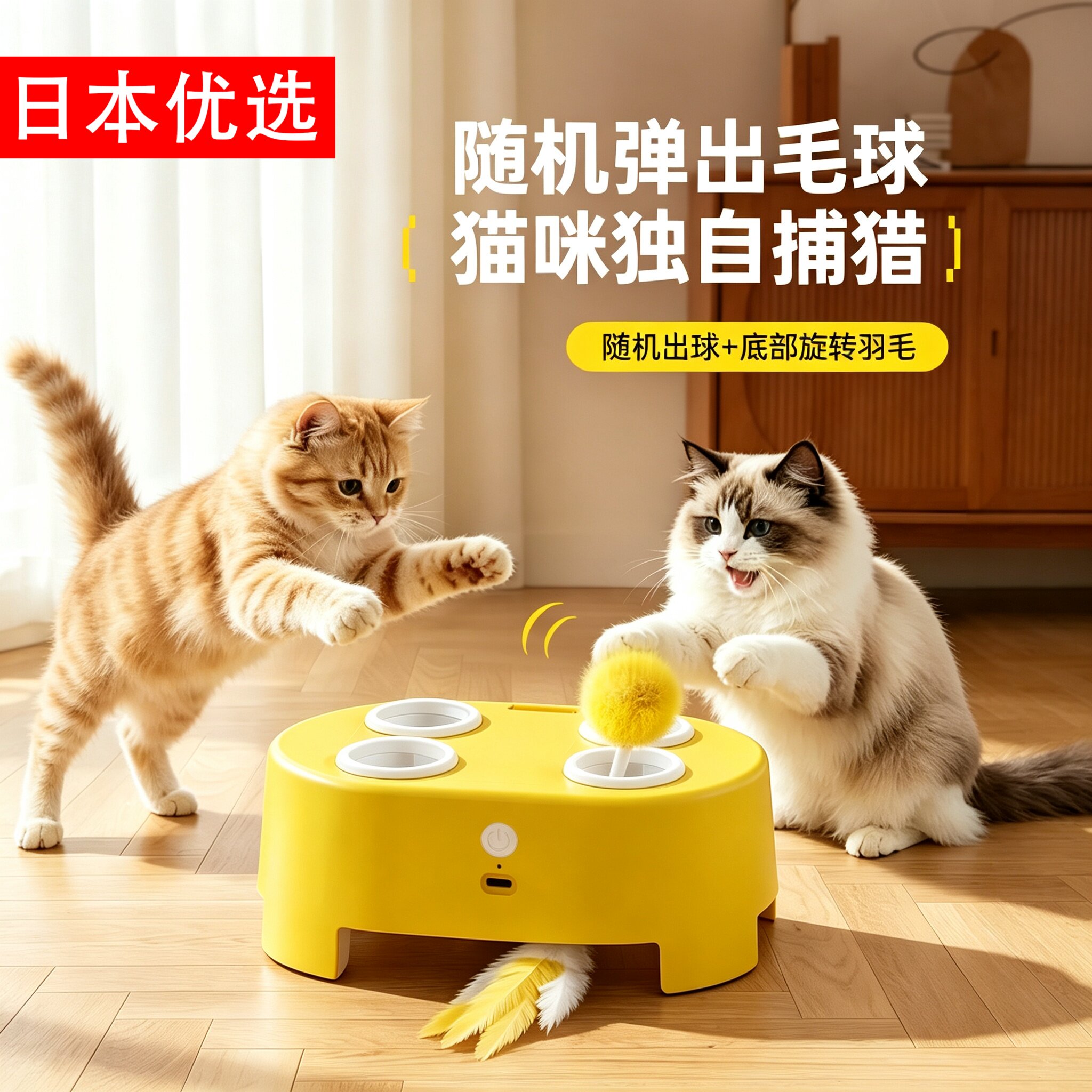 日本多功能打地鼠小猫咪玩具电动自嗨解闷宠物互动上下羽毛逗猫棒
