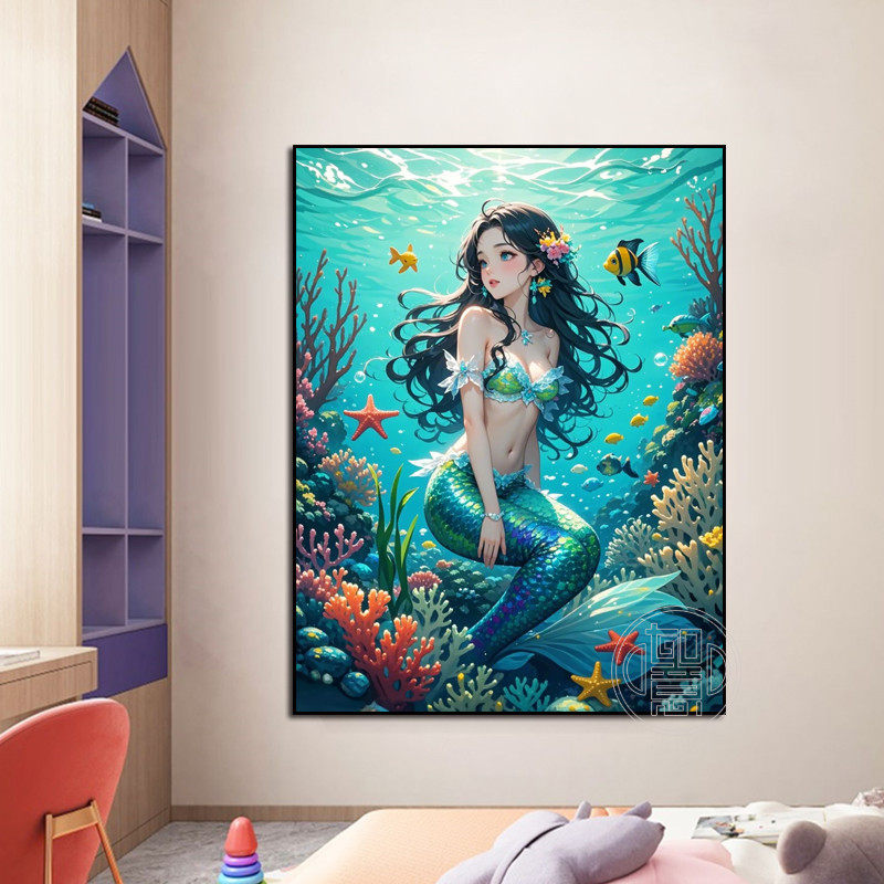 美人鱼钻石画满钻新款卡通女孩卧室手工diy砖石贴画带框5d点钻画