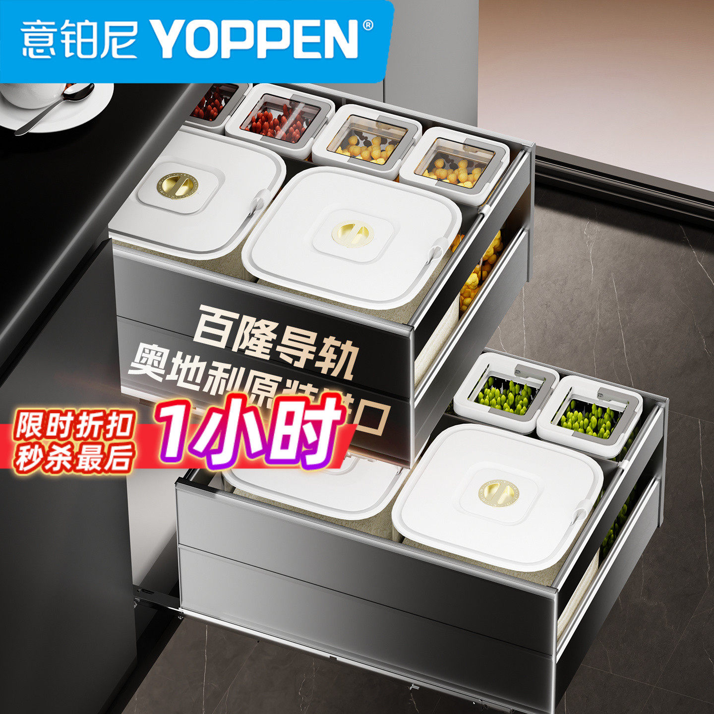 意铂尼进口百隆云舱抽屉式米桶双层嵌入式厨房橱柜储物米箱拉篮