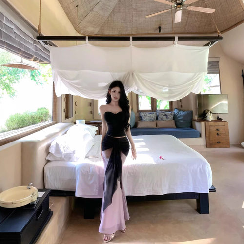 JAYKY YANG德莉娅黑色绑带设计感抹胸撞色包臀半身裙纯欲套装