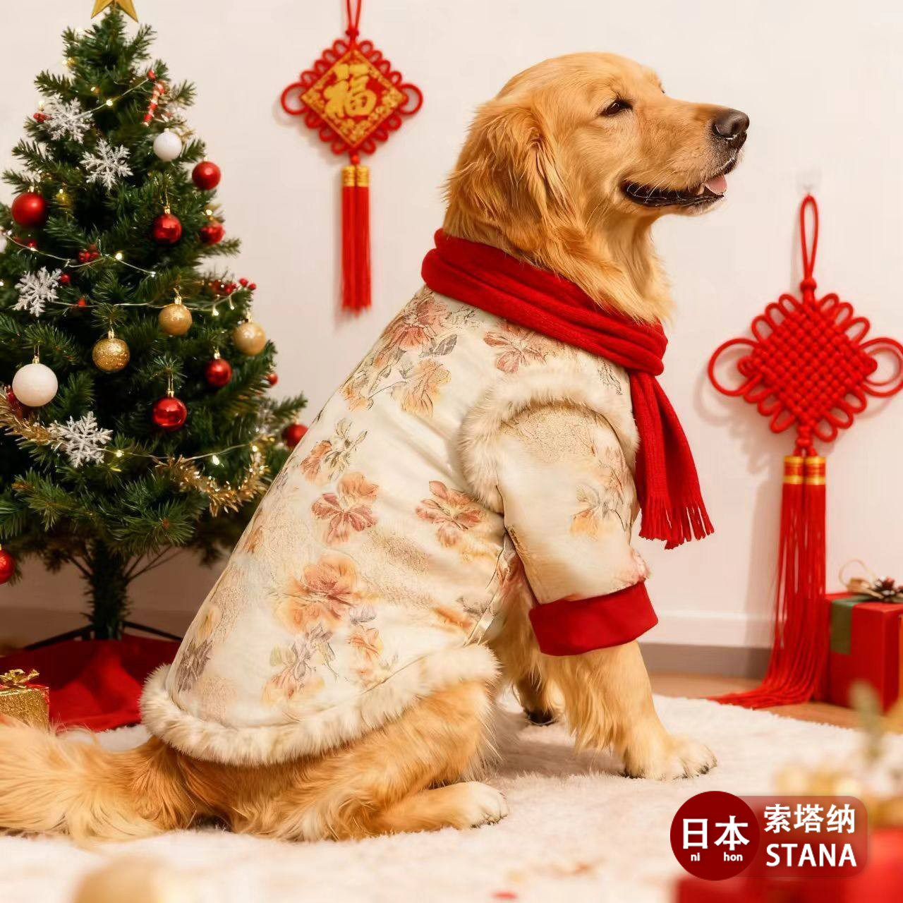 日本狗狗唐装过新年红色喜庆衣服大型犬冬季金毛拉布拉多边牧保暖
