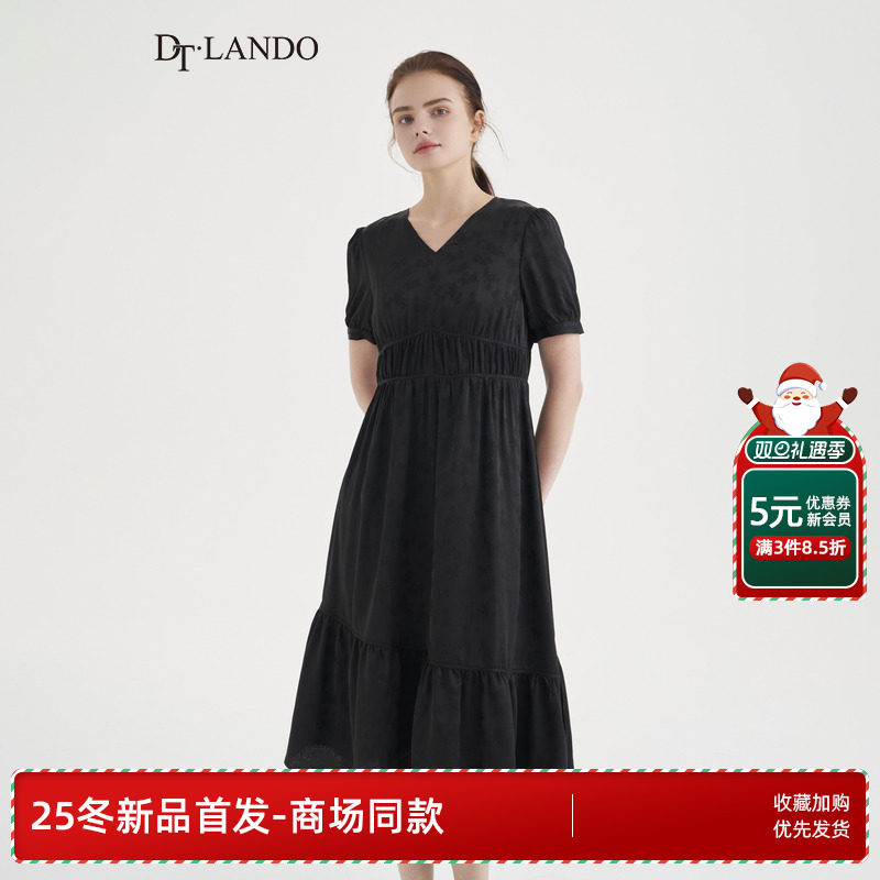 DT·LANDO夏季气质收腰显瘦短袖女茶歇裙玫瑰暗纹工艺设计连衣裙