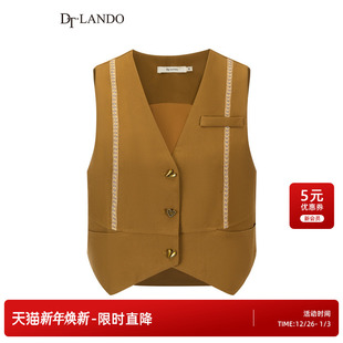 剪裁设计师品牌装 棕色金扣背心修身 饰马夹外套 女装 DTLANDO冬季