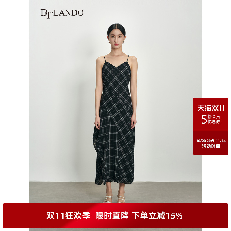 DTLANDO/商场同款25新品女装格纹收腰开叉修身显瘦吊带裙