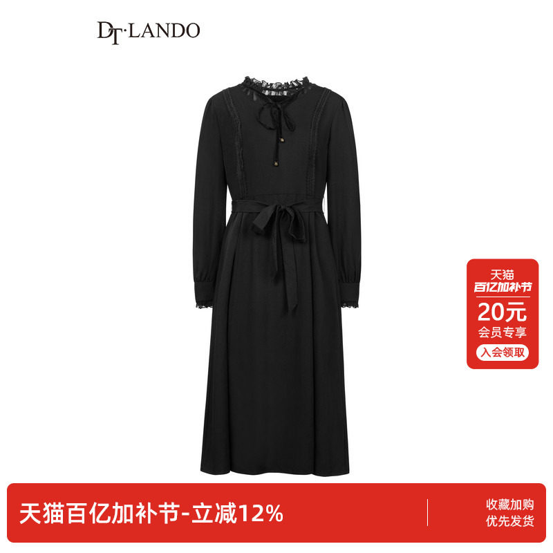 DTLANDO春季款女装时尚显瘦木耳边系带收腰黑色长袖连衣裙