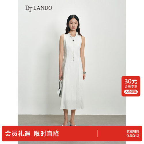 DTLANDO/商场同款春秋新款时尚设计木耳边立领系带白色无袖连衣裙