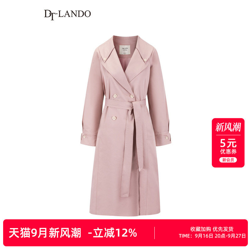 DTLANDO/商场同款春季纯色风衣女中长款收腰系带双排扣翻领外套