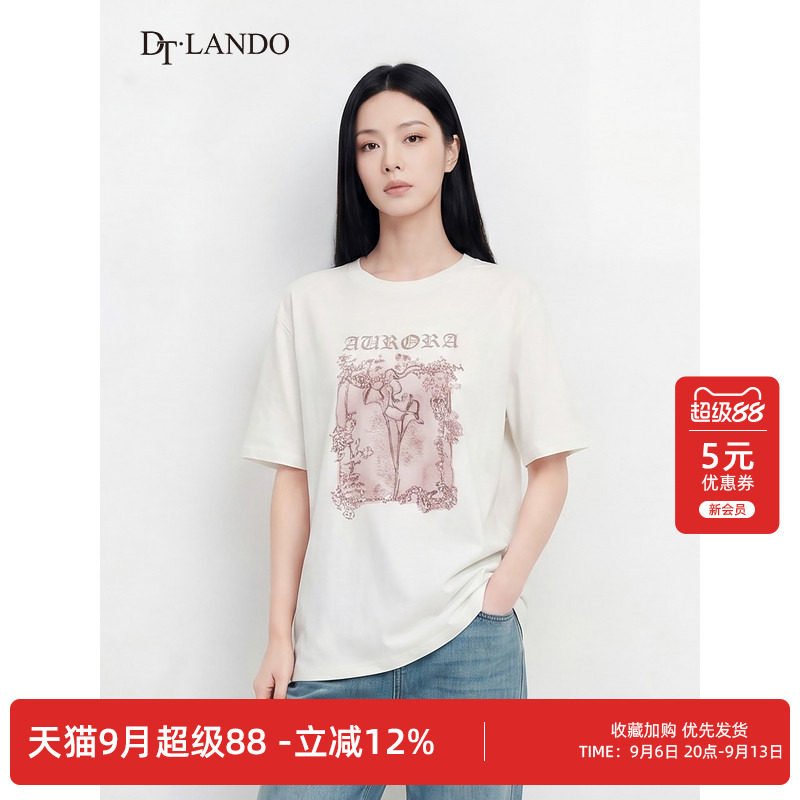 DTLANDO/商场同款26夏季新品圆领文艺花卉印花设计休闲短袖T恤女