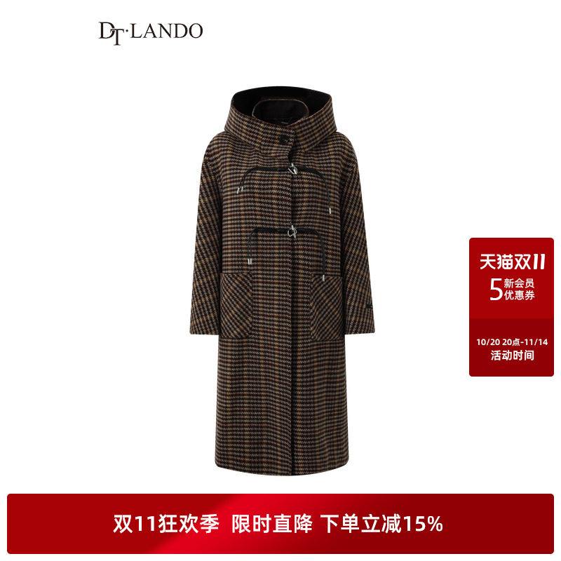 DTLANDO复古格纹中长款绵羊毛大衣女洋气英伦风中长款毛呢外套