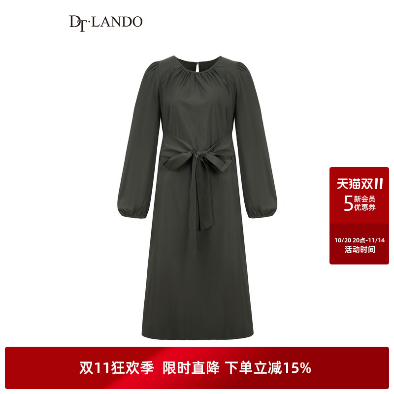 DTLANDO/商场同款25秋新品女装优雅气质灰色圆领蝴蝶结绑带连衣裙