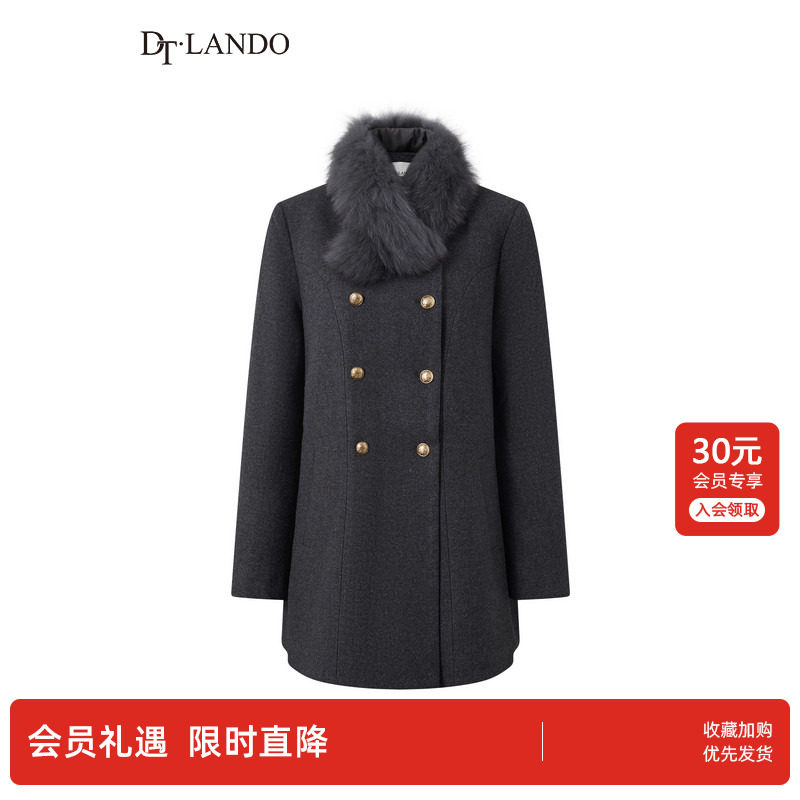 DTLANDO/商场同款26春新品女装狐狸毛领双排金扣中长款羽绒大衣