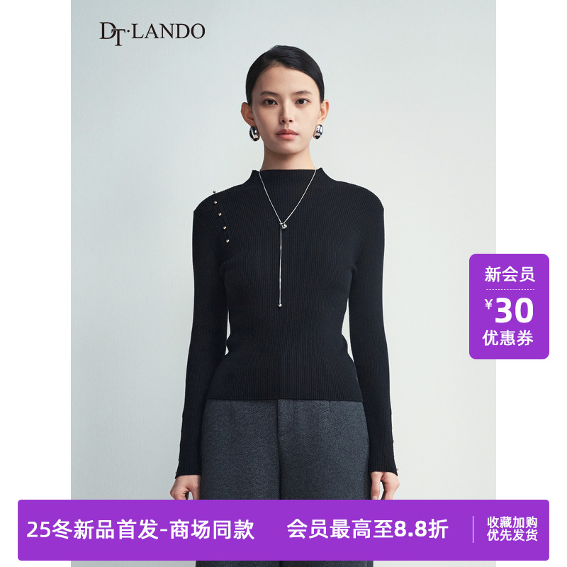 DTLANDO/商场同款25冬新品宽松铆钉装饰黑色半高领长袖毛织上衣
