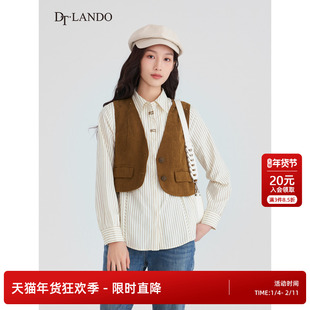 DTLANDO衬衫女秋季条纹复古新中式休闲轻熟尖领上衣衬衣