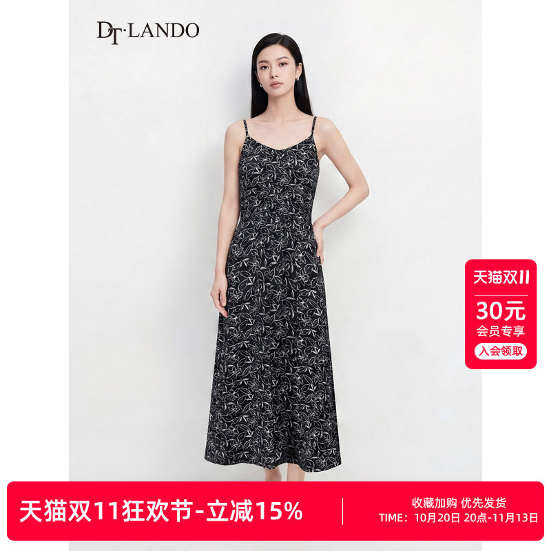 DTLANDO商场同款春秋款度假风收腰显瘦V领黑底白花碎花吊带连衣裙