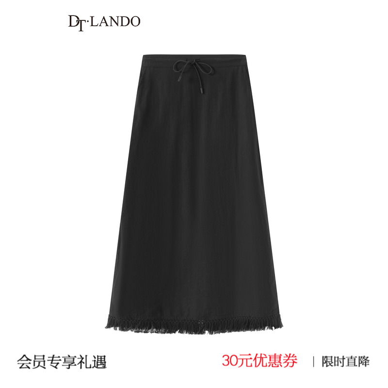 DT·LANDO夏季款休闲风绑带腰带设计女装下摆磨毛设计中长款裙子