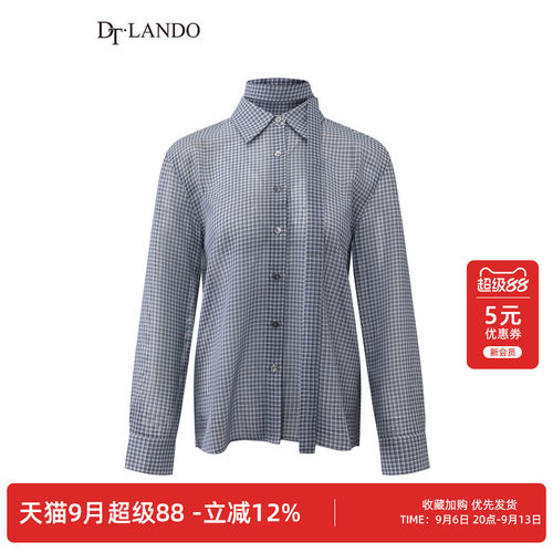 DTLANDO/商场同款26秋季新品韩系翻领单排扣可拆卸飘带格纹衬衫女