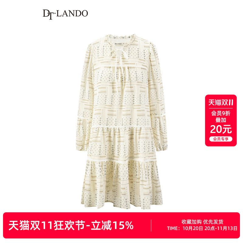 DTLANDO春秋季法式复古提花立领系带宽松灯笼袖中长款碎花连衣裙