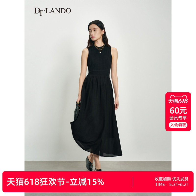DTLANDO/商场同款春秋新款女装赫本风收腰显瘦压褶无袖小黑裙
