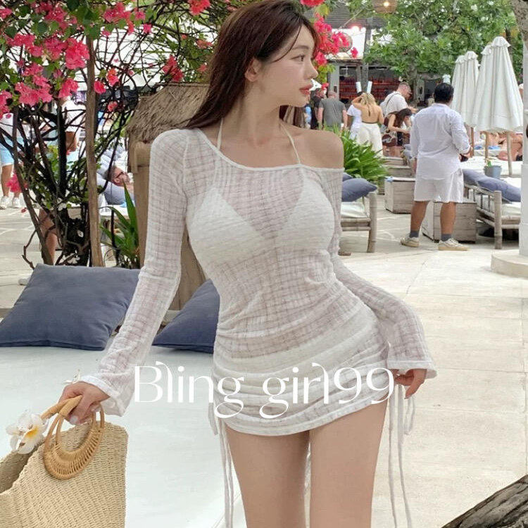 纯欲极简风斜肩长袖分体泳衣女