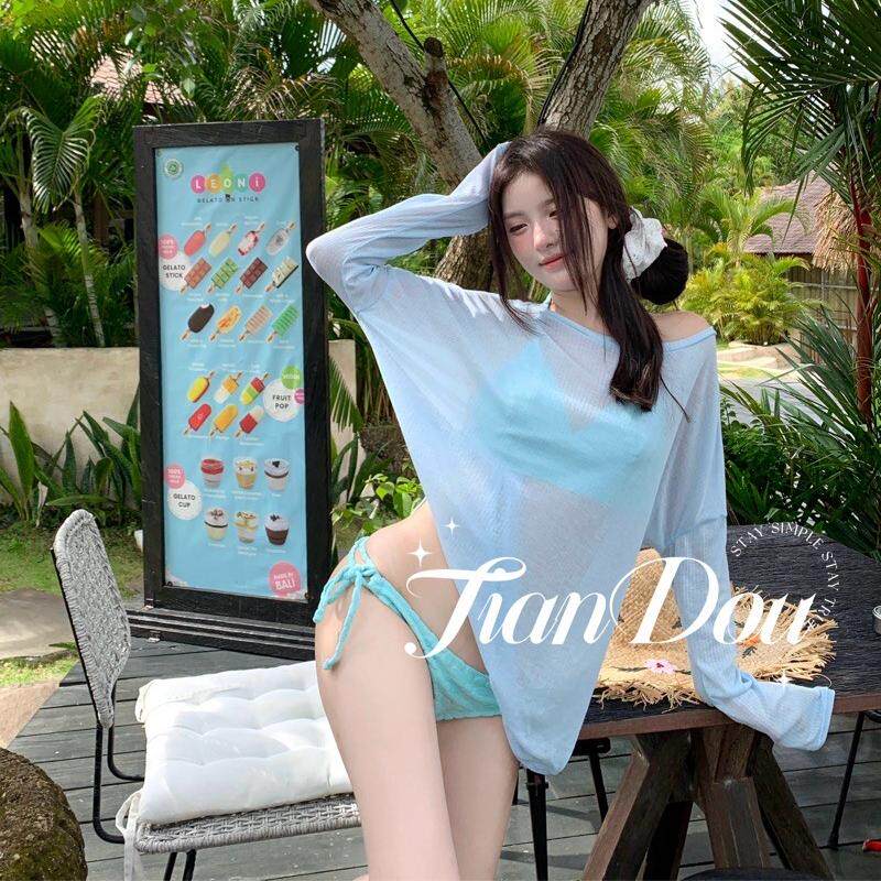 【奶盐薄荷】夏日元气少女罩衫防晒度假海滩温泉泳衣比基尼四件套