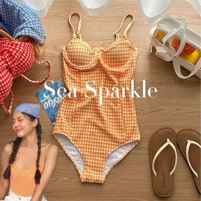 小清新韩系复古泡泡格连体泳衣